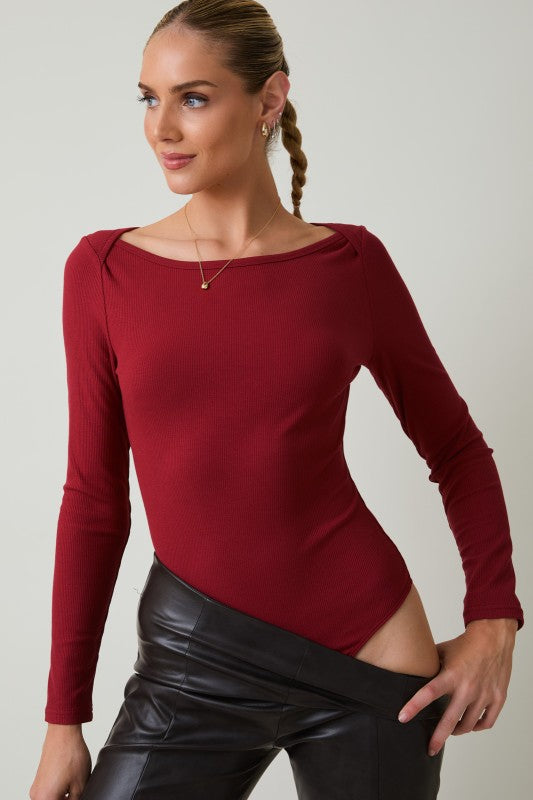 Cranberry Boat Neck Rib Bodysuit-Market Grey Boutique