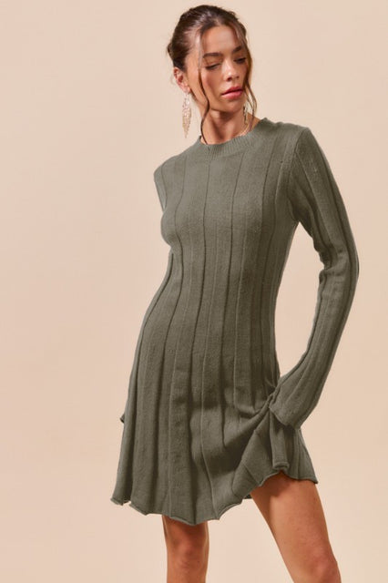 Falling in Olive Long Sleeve Mini Sweater Dress