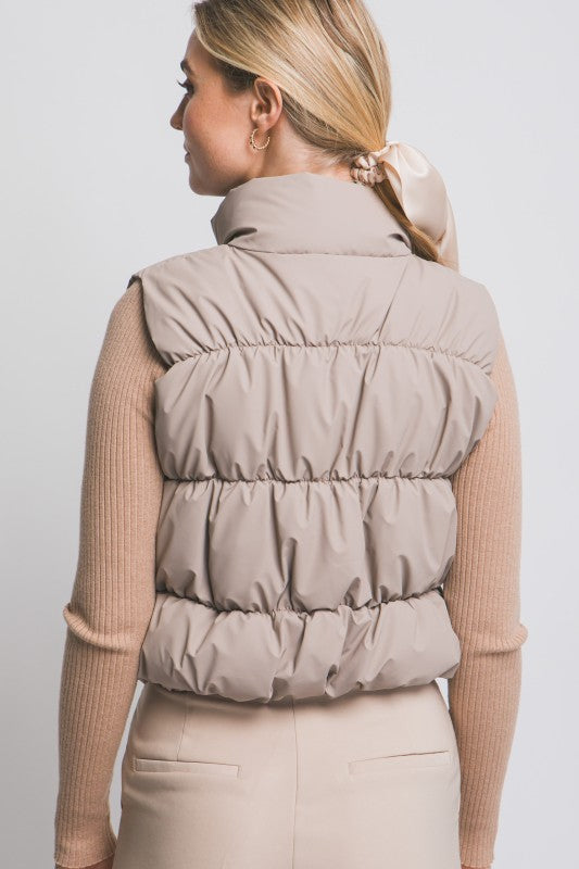 Taupe Black Trim Cropped Puffer Vest