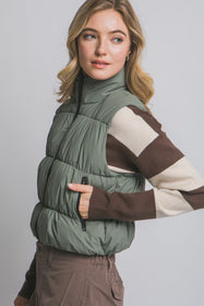 Olive Black Trim Puffer Cropped Vest