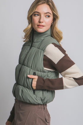 Olive Black Trim Puffer Cropped Vest