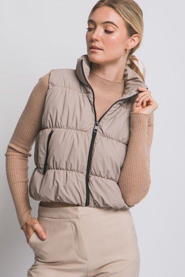 Taupe Black Trim Cropped Puffer Vest