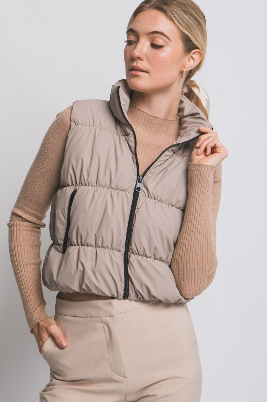 Taupe Black Trim Cropped Puffer Vest