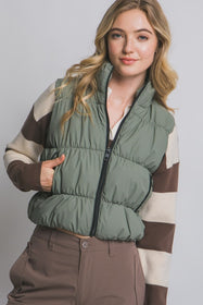 Olive Black Trim Puffer Cropped Vest