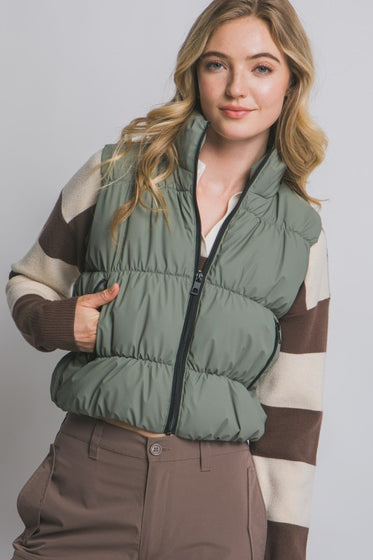 Olive Black Trim Puffer Cropped Vest