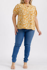Plus Short Sleeve Floral Mustard Blouse