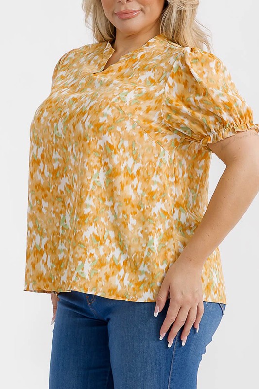 Plus Short Sleeve Floral Mustard Blouse