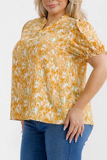 Plus Short Sleeve Floral Mustard Blouse