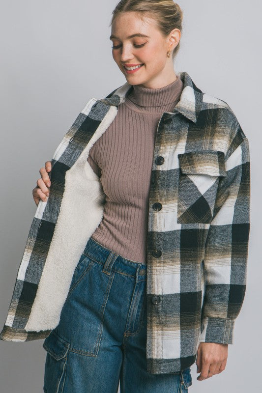 Black Plaid Sherpa Lined Jacket