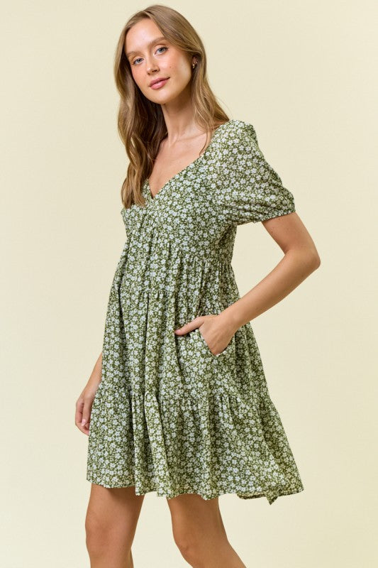 Floral Printed Tiered Mini Dress W/side Pocket