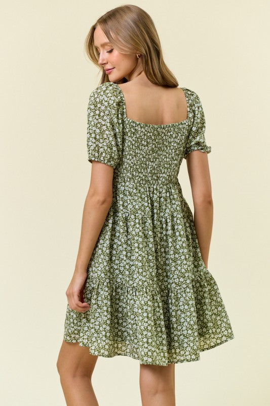 Floral Printed Tiered Mini Dress W/side Pocket