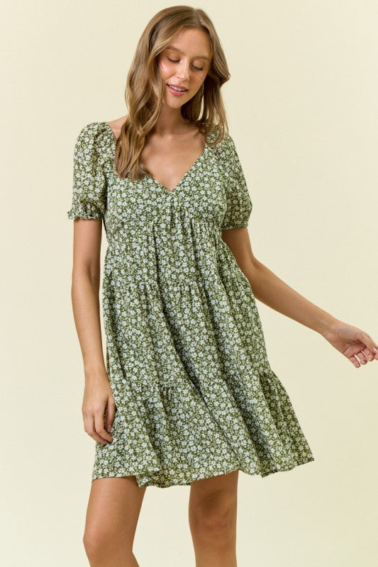 Floral Printed Tiered Mini Dress W/side Pocket