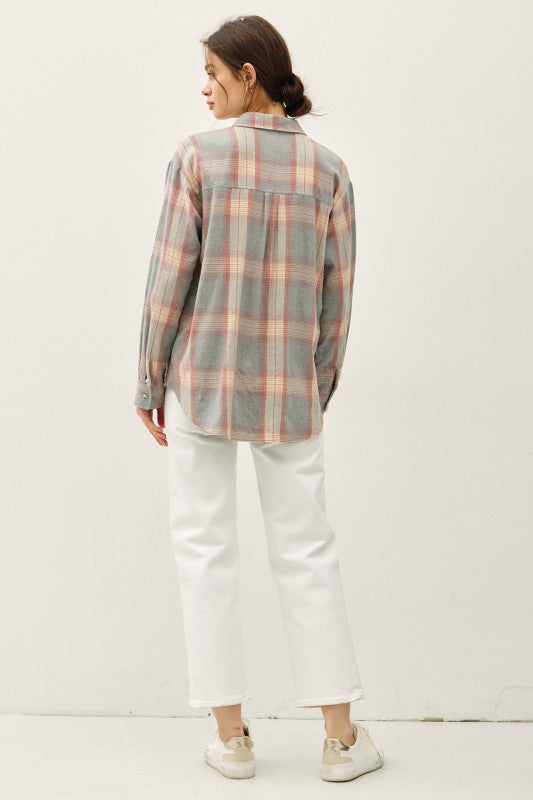 Dusty Coral/Grey Cotton Classic Faded Plaid Button Up