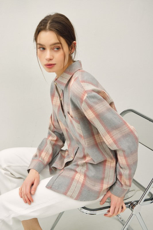 Dusty Coral/Grey Cotton Classic Faded Plaid Button Up