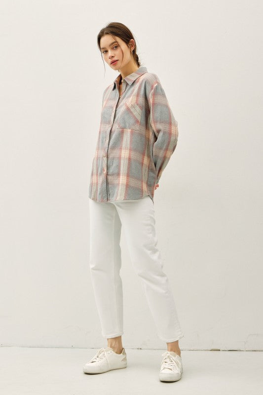 Dusty Coral/Grey Cotton Classic Faded Plaid Button Up