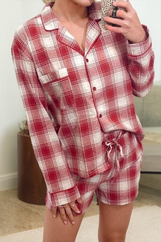 Red Plaid Lounge Shorts Set-Market Grey Boutique