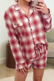 Red Plaid Lounge Shorts Set