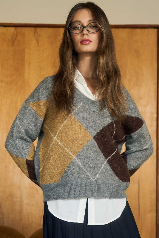 Argyle V Neck Long Sleeve Pullover Sweater