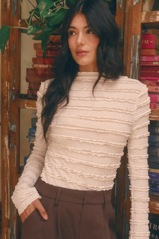 Mock Neck Ruffled Lace Long Sleeve Top