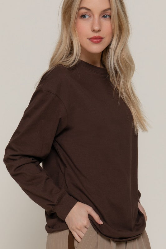 Brown Long Sleeve Round Neck Tee