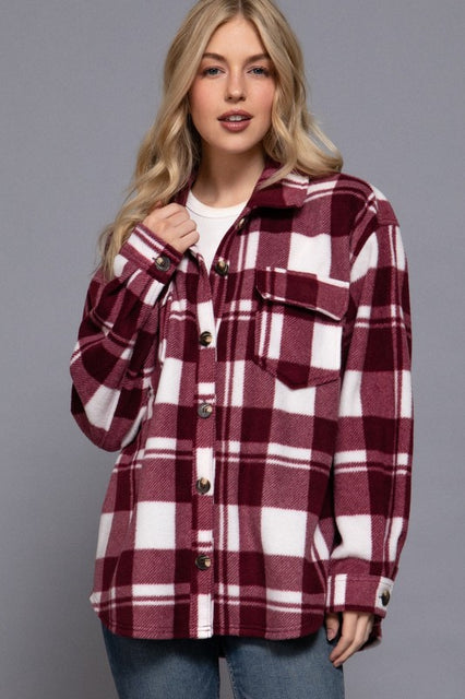 Burgundy/White Checkered Fleece Shacket