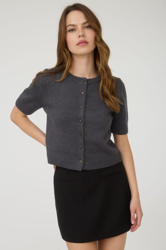 Juniors - Dark Grey Short Sleeve Button Down  Cardigan