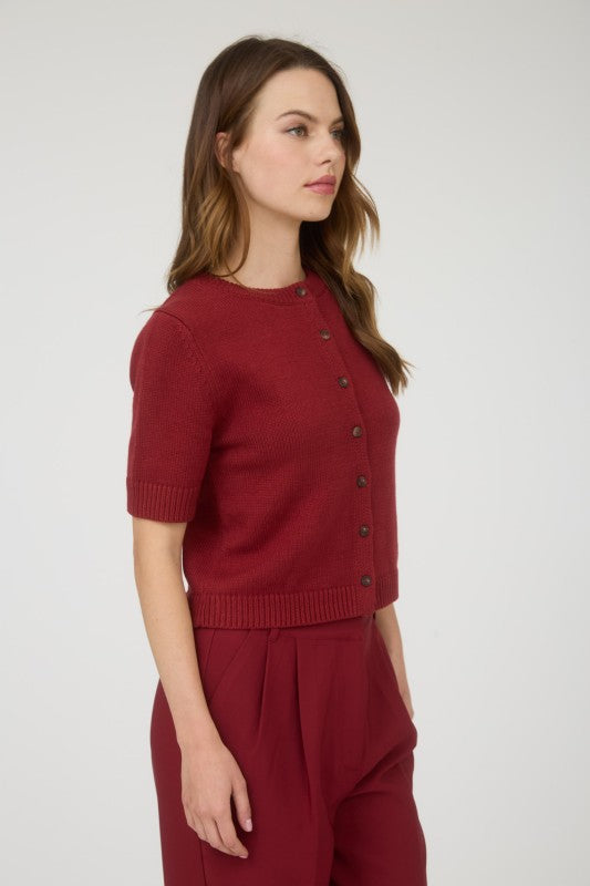 Juniors Burgundy Short Sleeve Button Down Cardigan