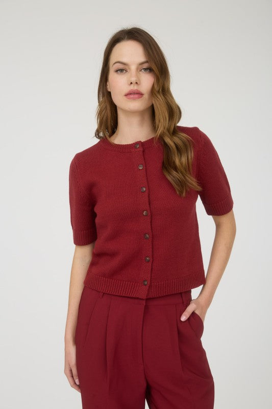 Juniors Burgundy Short Sleeve Button Down Cardigan