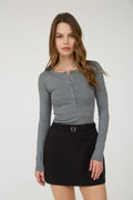 Juniors Grey Ribbed Long Sleeve Henley