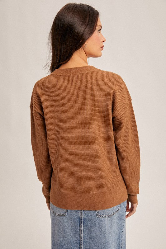 Brown 3/4 Button Waffle Sweater