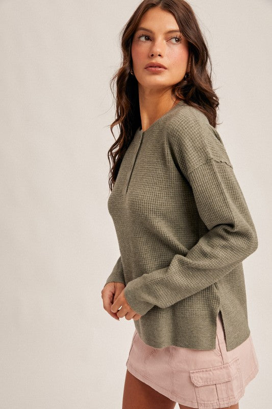 Creamy Olive 3/4 Button Waffle Sweater