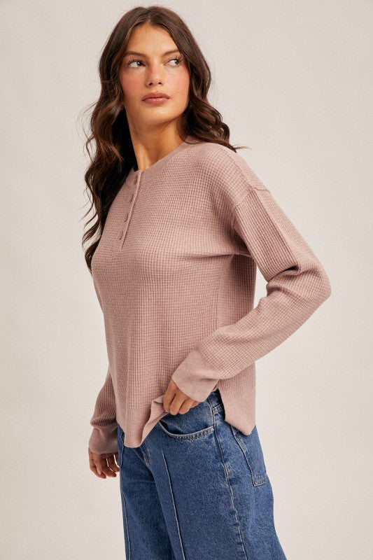 Mauve 3/4 Button Waffle Sweater