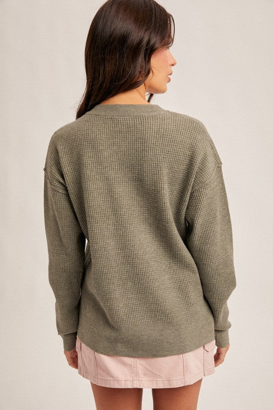 Creamy Olive 3/4 Button Waffle Sweater