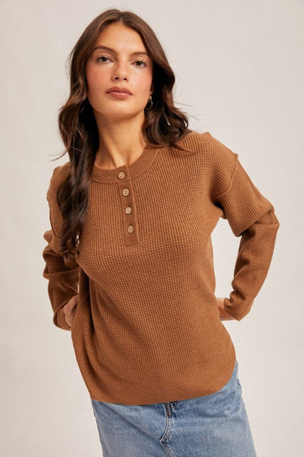 Brown 3/4 Button Waffle Sweater