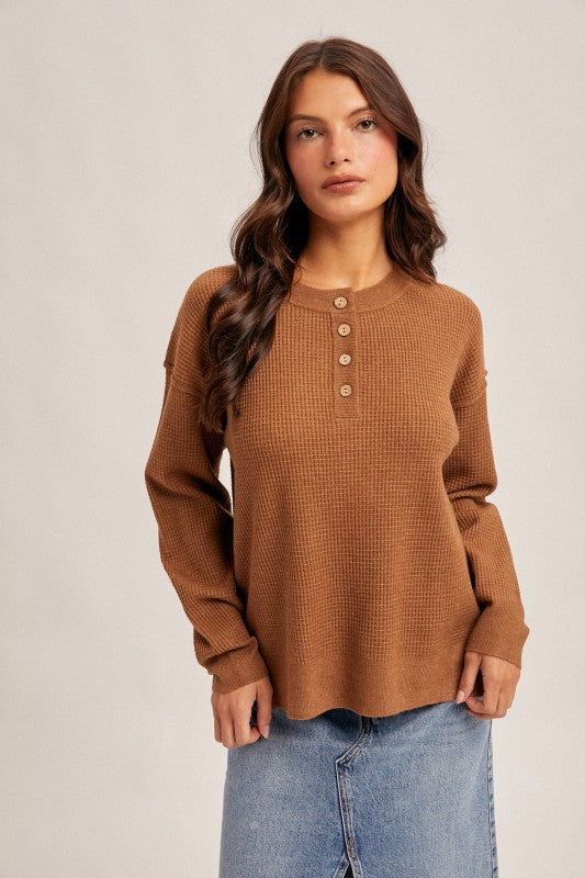 Brown 3/4 Button Waffle Sweater