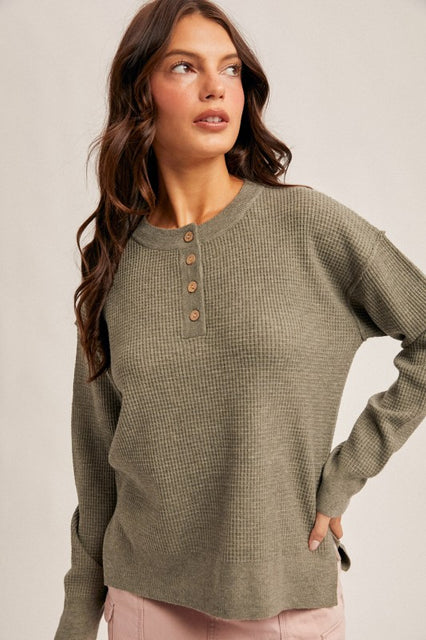 Creamy Olive 3/4 Button Waffle Sweater