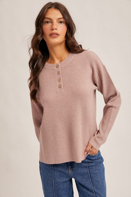 Mauve 3/4 Button Waffle Sweater