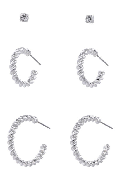 Silver Metal Assorted Twisted Hoop Earring Set