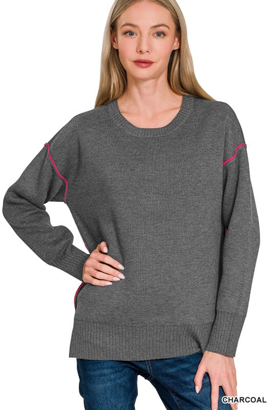 Charcoal/Hot Pink Round Neck Contrast Trim Sweater