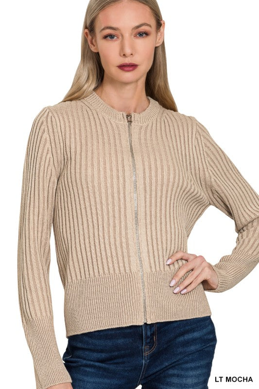 Beige Two Tone Zip Up Sweater