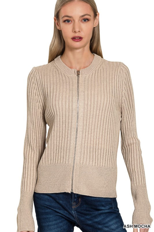 Beige Two Tone Zip Up Sweater