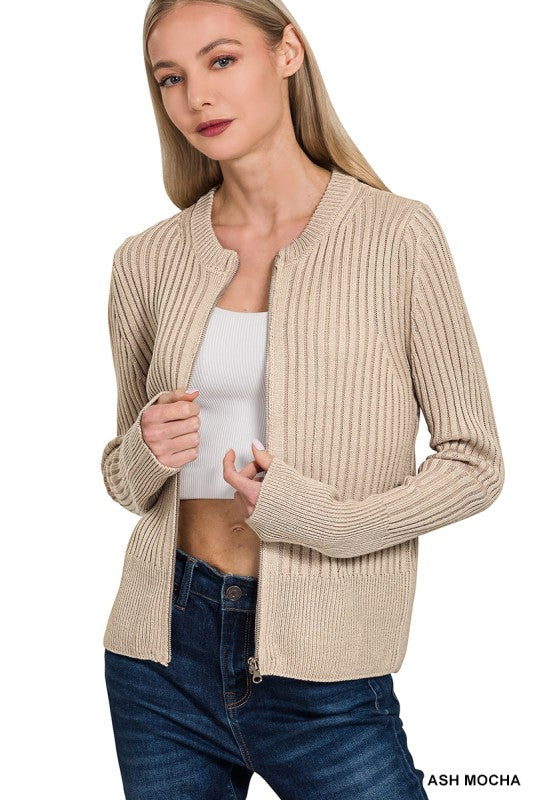 Beige Two Tone Zip Up Sweater
