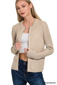 Beige Two Tone Zip Up Sweater
