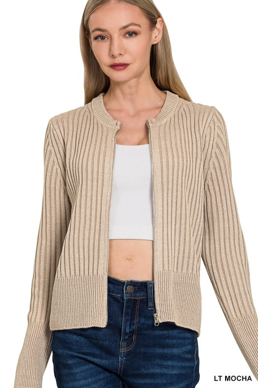 Beige Two Tone Zip Up Sweater