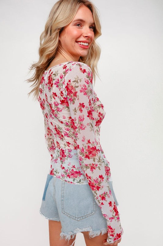 Frill Hem Long Sleeve Floral Sheer Top