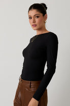 Black Boat Neck Open Back Bodysuit-Market Grey Boutique