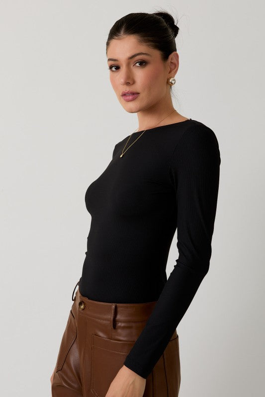 Black Boat Neck Open Back Bodysuit-Market Grey Boutique