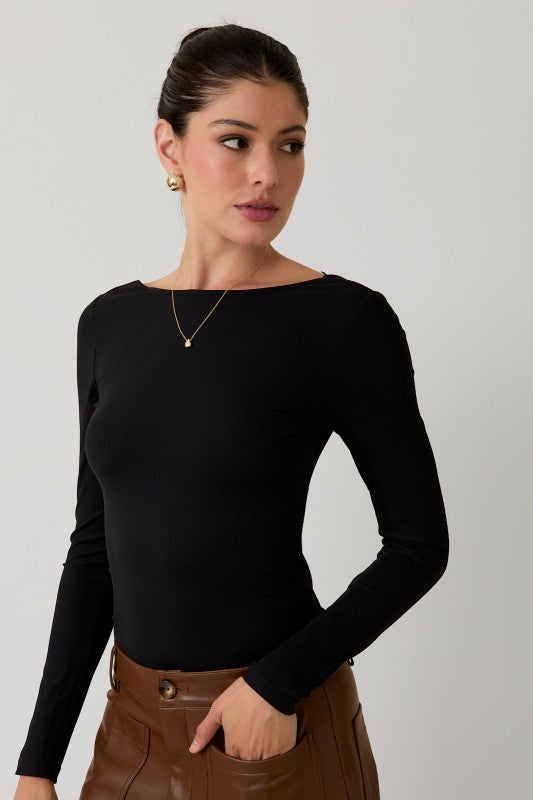 Black Boat Neck Open Back Bodysuit-Market Grey Boutique
