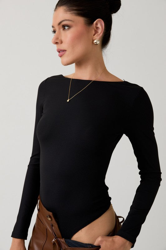 Black Boat Neck Open Back Bodysuit