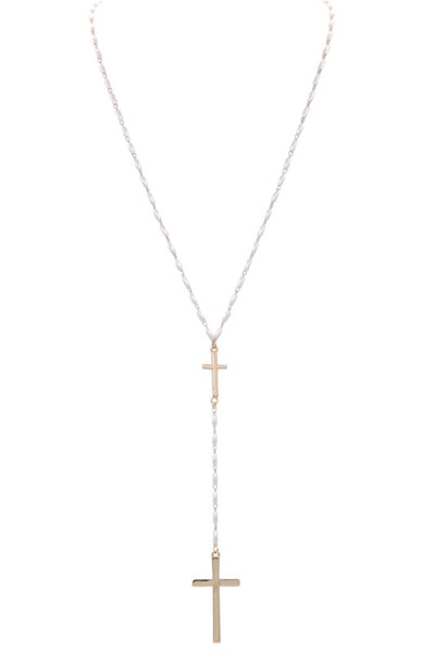 Cross Y-lariat Necklace W/Cream Pearls
